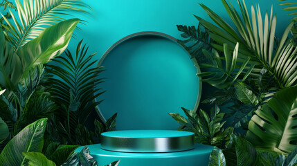 A futuristic 3D podium with a metallic finish, framed by oversized tropical leaves, with a bright turquoise wall in the background.