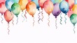 © ah.giel - Watercolor illustration of colorful balloons with ribbons on a white background.
