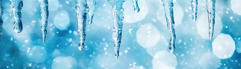 Wall Mural - A beautiful close-up of icicles hanging against a dreamy blue background with soft bokeh lights, capturing winter's chill and beauty.