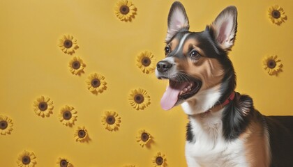 Portrait of a cute dog on a background of yellow flowers, illustration design