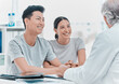 © peopleimages.com - Happy, couple and consultation with doctor in office for fertility news, family planning and treatment options. Smile, people and medical help of gynecology report, ivf results and healthcare advice