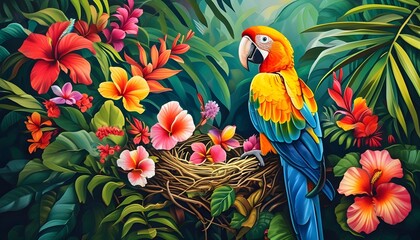 Wall Mural - Tropical paradise featuring vibrant parrot pair nestled in lush foliage and surrounded by colorful flowers, showcasing natures beauty and harmony.