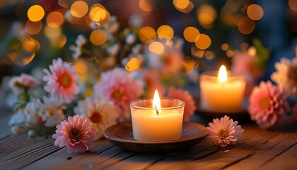 Serene candlelit setting with floral accents on a rustic table, enhanced by a warm, blurred bokeh backdrop