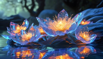 Wall Mural - Enchanting landscape of glowing crystal flowers reflecting vibrant light in a mystical, serene setting