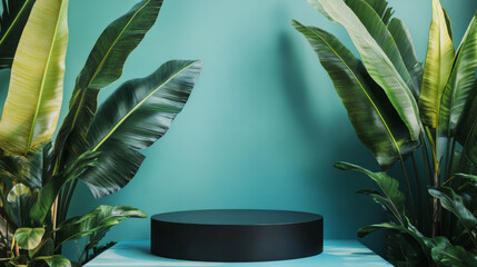 A sleek matte black podium surrounded by oversized banana leaves, set against a pastel blue wall for a contemporary and tropical presentation.