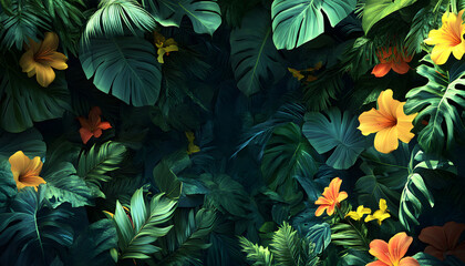 Wall Mural - A lush jungle scene with vibrant green leaves and exotic flowers, bringing the warmth of the tropics to your screen