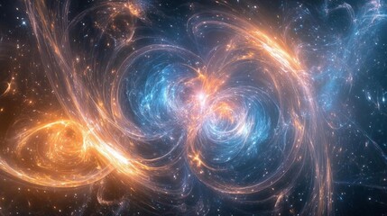 Abstract swirling light and nebula with orange and blue hues on a dark background.