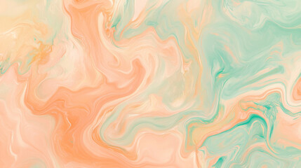 Poster - Soft pastel liquid marble texture with flowing shades of peach and mint, creating a calming, serene abstract background.