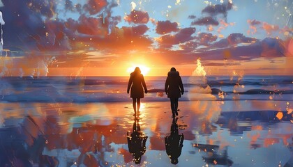 Wall Mural - Dreamy beach sunset with a couple holding hands, reflections merging abstract elements for a romantic and artistic ambiance