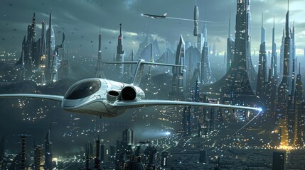 Sticker - Futuristic Cityscape with Flying Vehicle