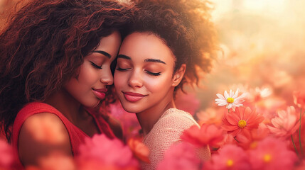 Beautiful portrait of two women with closed eyes hugging among colorful flowers. Radiates love, warmth and calm. Copy space. motherly love