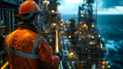 A worker observes the ocean from an offshore platform, highlighting the oil industry and the beauty of industrial structures.