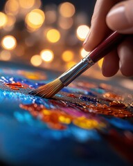 A close-up of a painter's hand using a brush to add vibrant colors to a canvas, with soft bokeh lights in the background.