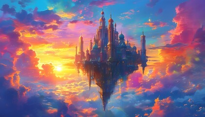 Wall Mural - Enchanting aerial cities adorned with vibrant colors and ethereal architecture amidst a breathtaking sunset and stunning clouds