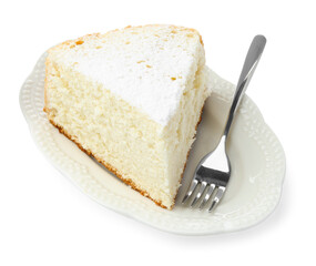 Sticker - Piece of delicious sponge cake with powdered sugar and fork isolated on white