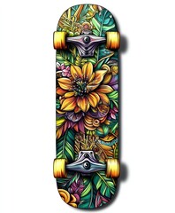 Wall Mural - A colorful skateboard featuring vibrant floral designs and lush greenery.