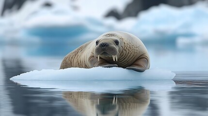 Wall Mural - a walrus rests on a small iceberg in the arctic ocean, its tusks visible.