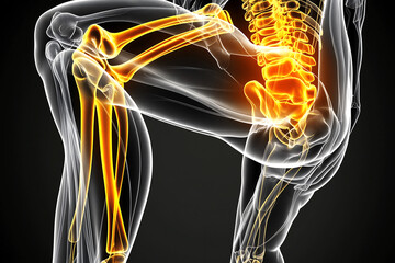 Digital illustration of human skeletal structure with highlighted hip and spine pain