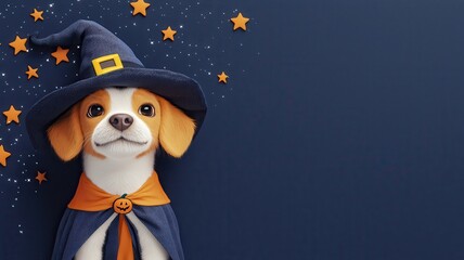 A cute dog dressed in a witch costume, perfect for Halloween themed designs and celebrations with a festive background.