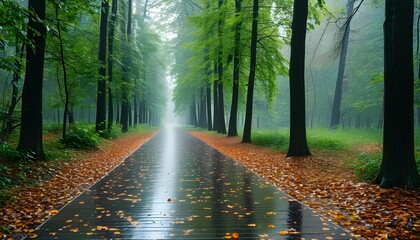 Wall Mural - Tranquil forest path draped in rain, surrounded by lush greenery and fallen leaves, evoking a serene and peaceful ambiance