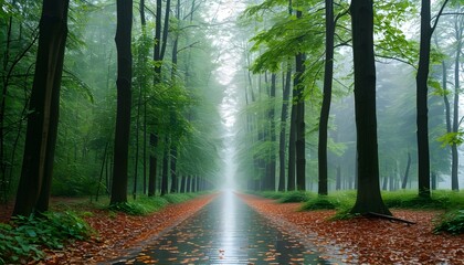 Wall Mural - Tranquil forest path draped in rain, surrounded by lush greenery and fallen leaves, evoking a serene and peaceful ambiance