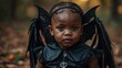 © Tanja - A young child dressed in a black bat costume with wings and ears, standing outdoors on a forest floor covered with leaves.