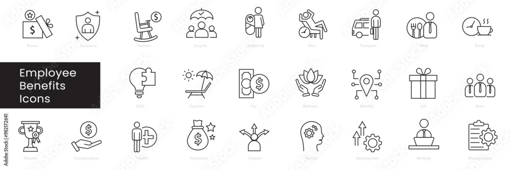 employee benefits icon set. Editable stroke. Vector illustration. Stock ...