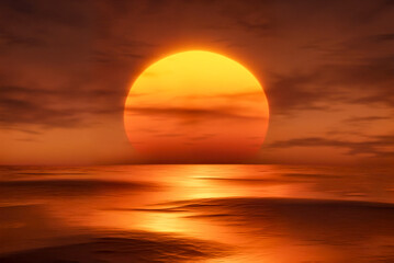 Wall Mural - sunset over the ocean with big sun at the horizon