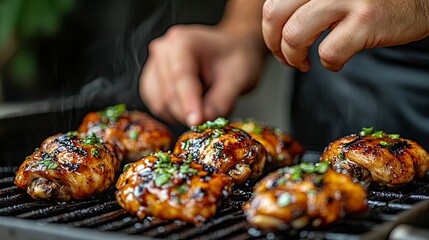 Wall Mural - Close-up of Glazed Chicken Legs on a Grill with Steam Rising