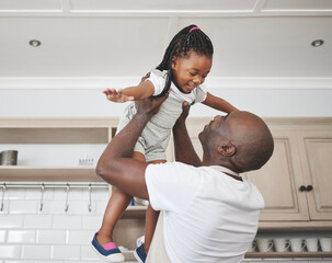 Sticker - Game, lift or plane with father and daughter in kitchen of home together for bonding or love. Energy, fantasy and smile of playful girl child with happy single parent man having fun in apartment