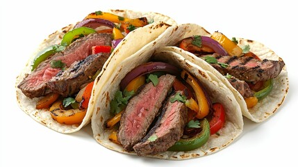 Wall Mural - Three Steak Fajitas in Tortillas with Peppers and Onions