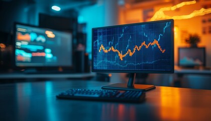 Dynamic Financial Growth: Abstract Chart Icon Showcasing Rising Stock Curves on Digital Display. Blurred Office Equipment Background Emphasizes Business Success. Ideal for Monetization Strategies, Inv