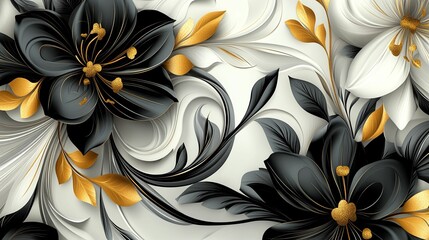 Abstract Floral Design with Black, Gold, and White Petals