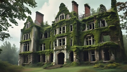 Wall Mural - Nostalgic vintage photograph of a majestic moss-covered romantic ruin, evoking a sense of history and beauty