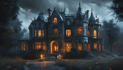 Wall Mural - Haunting twilight mansion cloaked in charcoal grays, illuminated by holographic chiaroscuro and eerie phosphorescent flickers