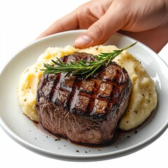 Grilled Steak with Mashed Potatoes and Rosemary Sprig