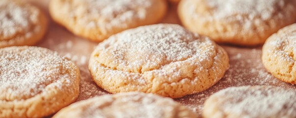 Close-up of freshly baked cookies dusted with powdered sugar, showcasing a soft and delightful texture ideal for sweet treats.