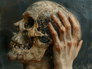 Wall Mural - Hand and Skull: A Painting of Mortality and Reflection