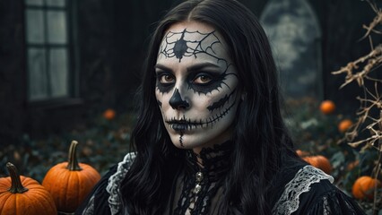 Woman with Skull Face Paint in Eerie Pumpkin Garden