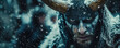 © NeuroCake - Dark fantasy portrait of horned man during snowfall. Winter solstice concept. Image for event poster and banner with copy space.
