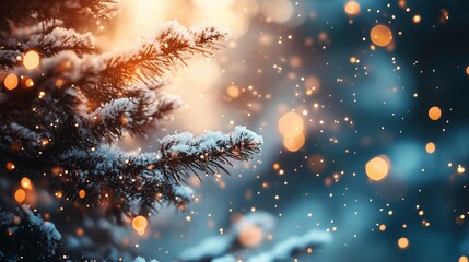 Wall Mural - Snow covered pine tree branch with glowing bokeh lights in the background. Pagan New Year celebration concept. Image for event poster and holiday greeting card.