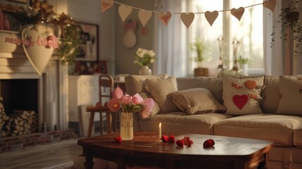 Cozy living room decorated for mother’s day celebration with warm family atmosphere, heartfelt banner, and elegant touches, perfect for celebrating special moments of togetherness and love in a home s