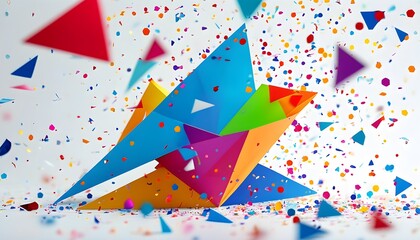 Dynamic geometric celebration with blue triangles amidst vibrant polygonal confetti on a bright white background