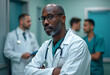 © PTD - A focused African American medical professional in white coat stands confidently in hospital corridor, surrounded by colleagues engaged in discussion