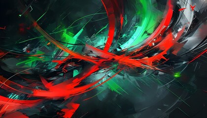 Dynamic fusion of vibrant colors and fragmented shapes infused with technological elements amid a chaotic background of darkness