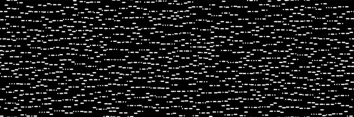 Abstract bw seamless pattern of white Morse code points and dashes on black bg. Simple irregular geometry background. Vector illustration