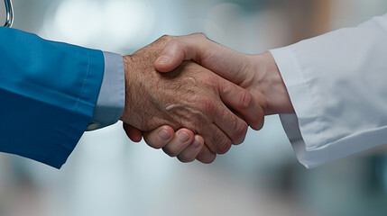 a close-up of two people shaking hands, one wearing business clothes and the other a medical coat, signifying confidence between a businessman and a doctor during a crucial meeting. 