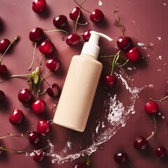 Creative beauty fashion wellness concept photo of cosmetic beauty product bottle jar cream lotion with fruits berries and water splashes drops still life flat lay top view.