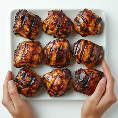 Wall Mural - Nine Grilled Chicken Thighs on a White Plate with Hands Holding the Edges