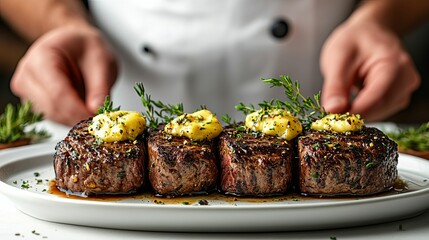 Wall Mural - Four Grilled Steak Medallions with Herb Butter and Thyme Garnish